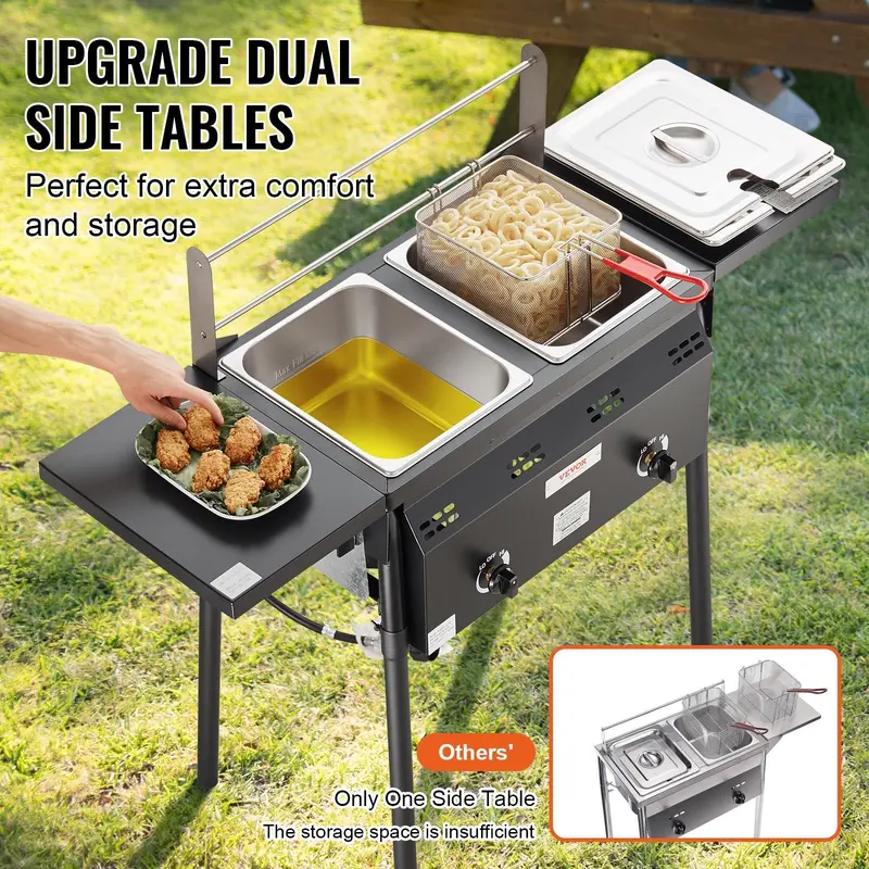 VEVOR Outdoor Propane Deep Fryer, 16 Qt Stainless Steel Commercial Double-Burner Cooker Cart with Removable Baskets, Lids, 4 gal Tanks, Thermometer, Regulator, CSA Certified Hose Connector, Dual Wind Baffles, High Basket Hanger for Outdoor Cooking, 4 Gall