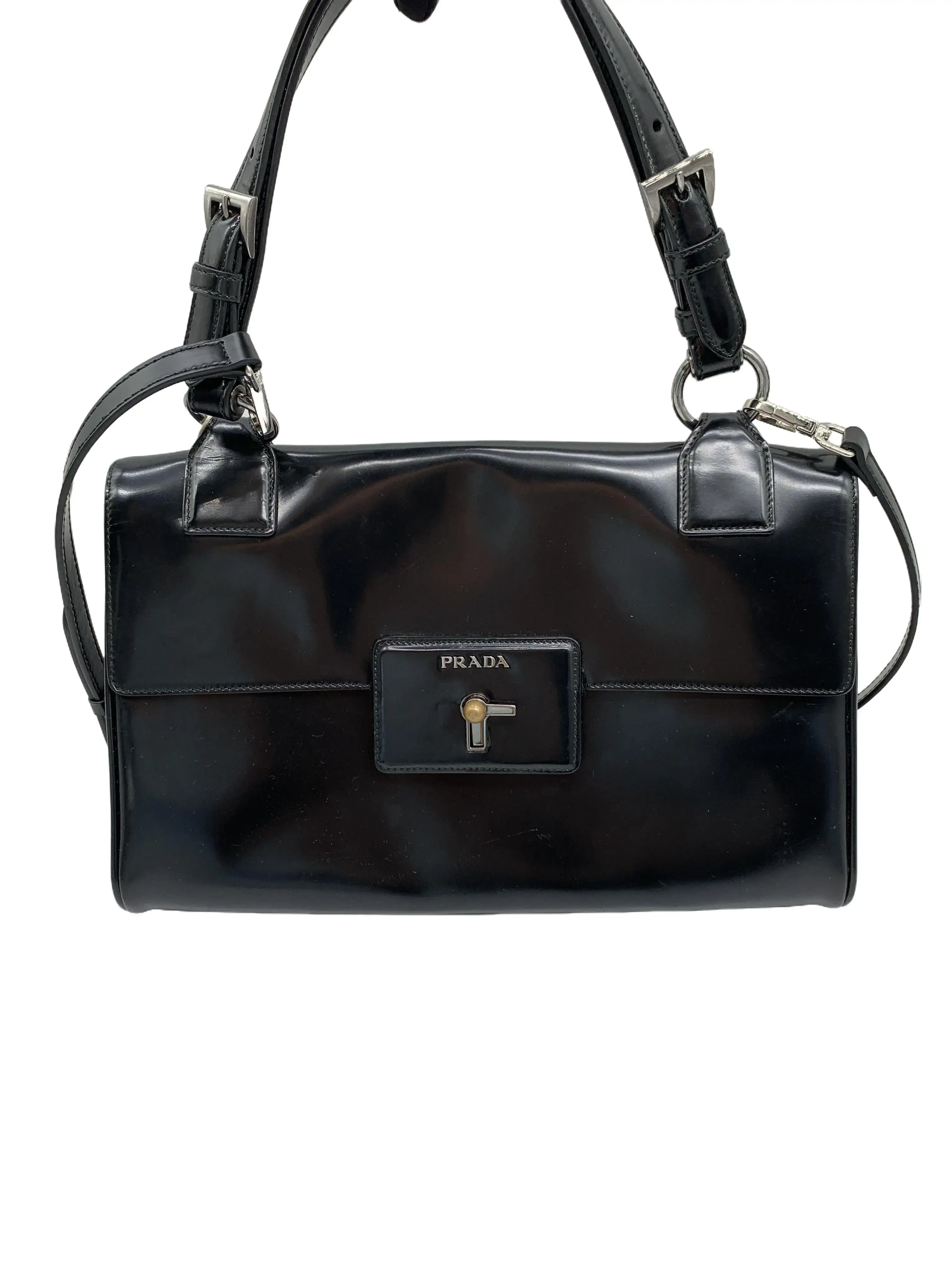 Pre-owned PRADA Black Glossy‑Leather Flap Shoulder Bag/WJ07108350/8350