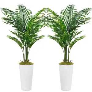 2Packs Artificial Palm Tree 5FT - Fake Tree With White Tall Planter - Paradise Palm Tree Faux Tropical Areca Floor Plant In Pot - Artificial Silk Plant For Home Office Living Room Halloween Christmas Decor Indoor Outdoor Yard