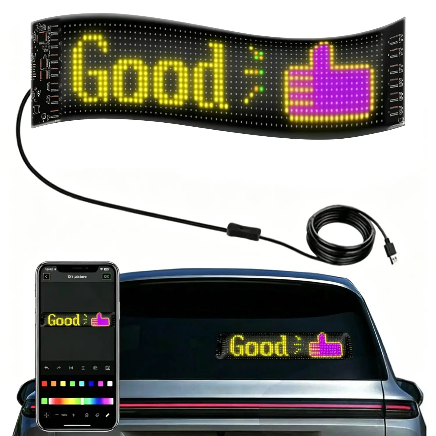 Programmable Flexible LED Sign, APP Control Customizable LED Display, USB Powered Car Rear Window LED Matrix Panel for Home Store Party Decor, Flash Effects