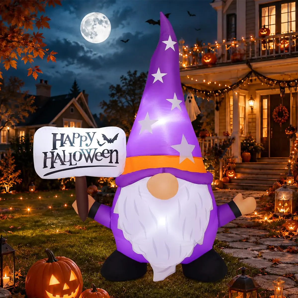 5 FT Waterproof Playful Halloween Inflatable Gnome - Happy Sign, Built-in LED Lights, Blow-Up Outdoor Decoration Accessory for Lawn, Halloween Party, Set