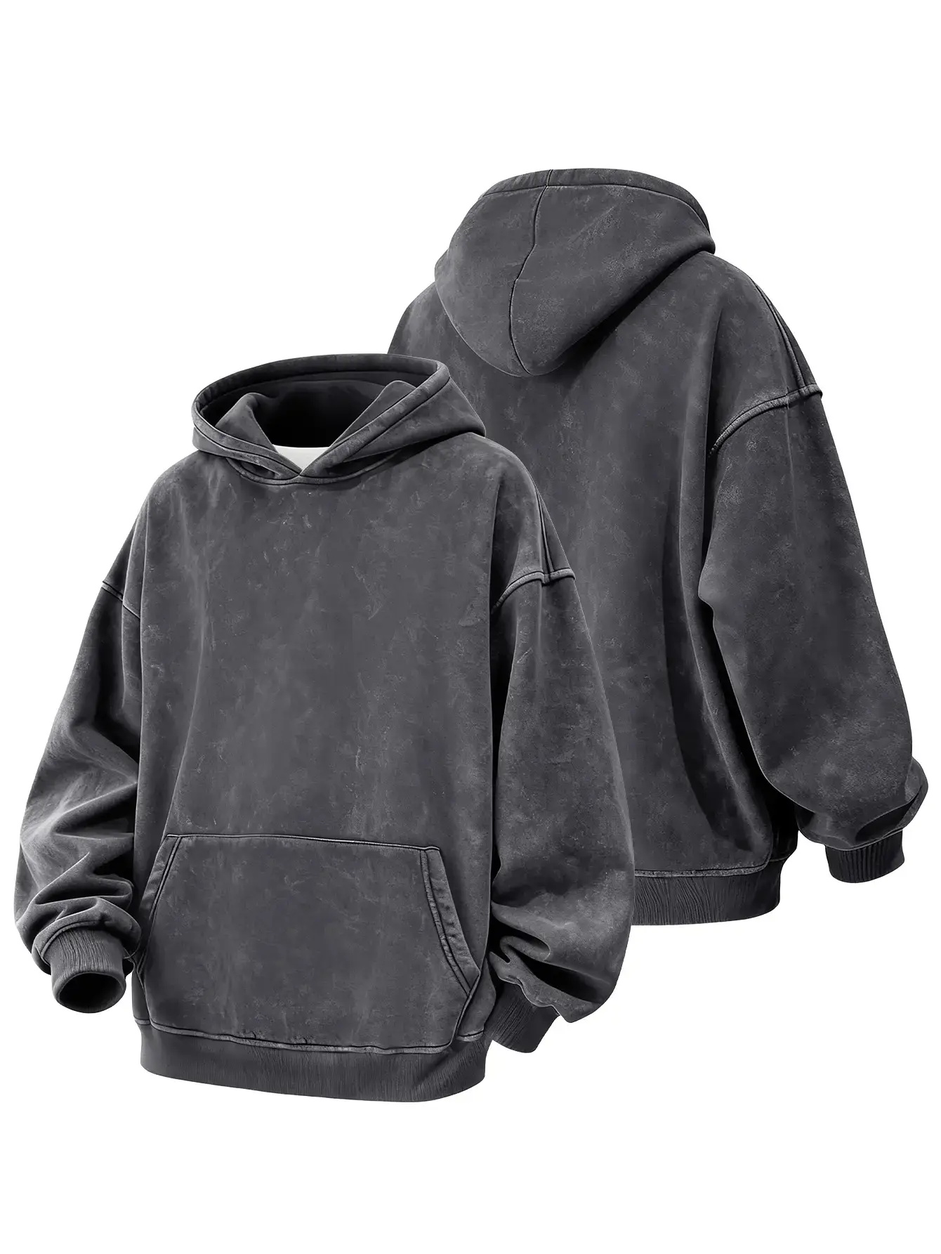Men's Vintage Wash Heavyweight Hoodie Sweatshirt - Unisex Loose-Fit Oversize Drop Shoulder Pullover, Spring Casual Plain Long Sleeve Cotton Polyamide Elastane Streetwear Top