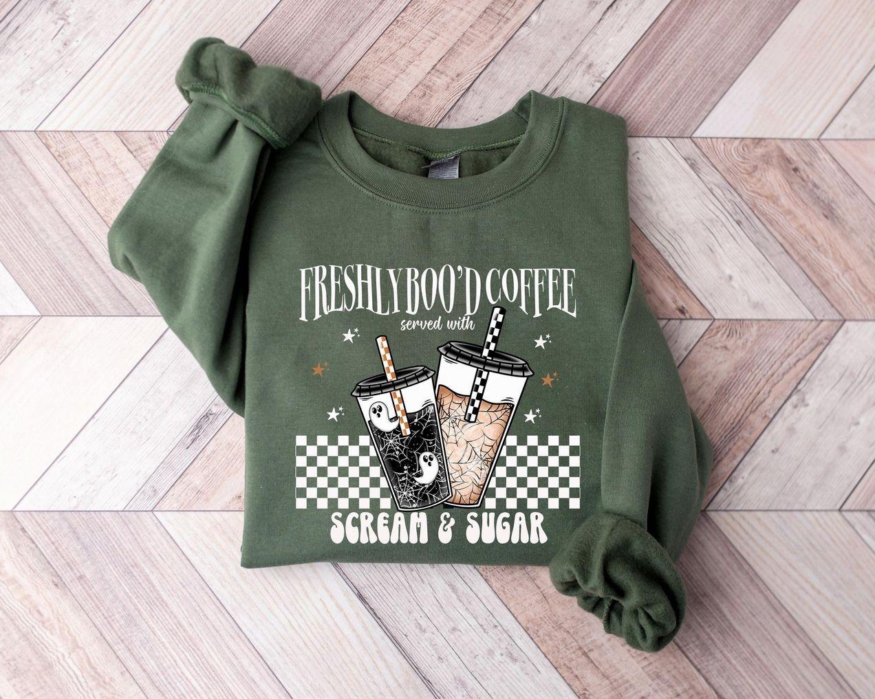 Freshly Boo’d Coffee Sweatshirt, Latte Halloween Coffee Lover, Ghost Coffee Design, Haunted House Spooky Season, Trendy Fall Autumn Vibes, Funny Halloween Gift for Coffee Lovers, October Party Wear, Cozy Spooky Brew Drinker Present