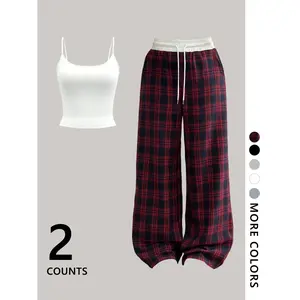 Women's flat corner and full grid printed pants, casual, fashionable and comfortable, suitable for daily outdoor wear, women's clothing in all seasons, suits, airport clothing