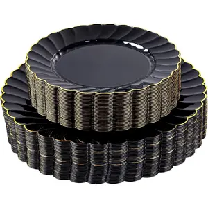 60 count Black Scalloped Plastic Plates - Black and  Disposable Plates include 30  Dinner Plate, 30 Dessert Plate for Party & Wedding Graduation
