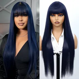 Aodbar hairs Dark Blue Long Straight Wig with Bangs 28 Inch Straight Midnight Blue Wig Synthetic Heat  Resistant Fiber Wig For Daily and Party Everyday Wear Wig Cosplay