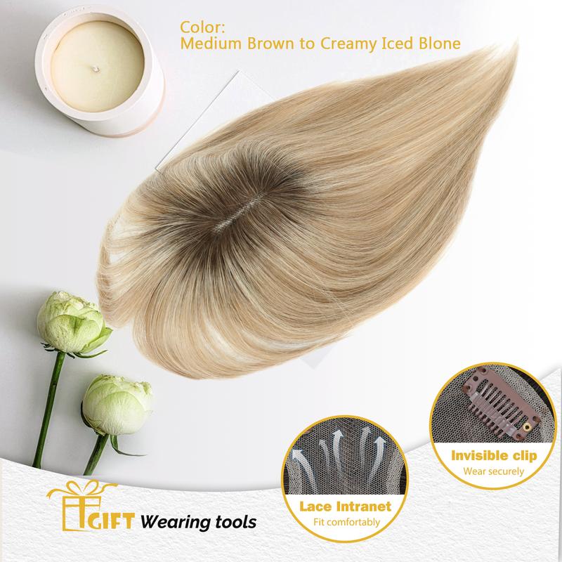 Hair Toppers for Women Real Human Hair Toppers for Women with Thinning Hairs Clip in Bangs 10 inch Swiss Base Hairpieces Loss Cover