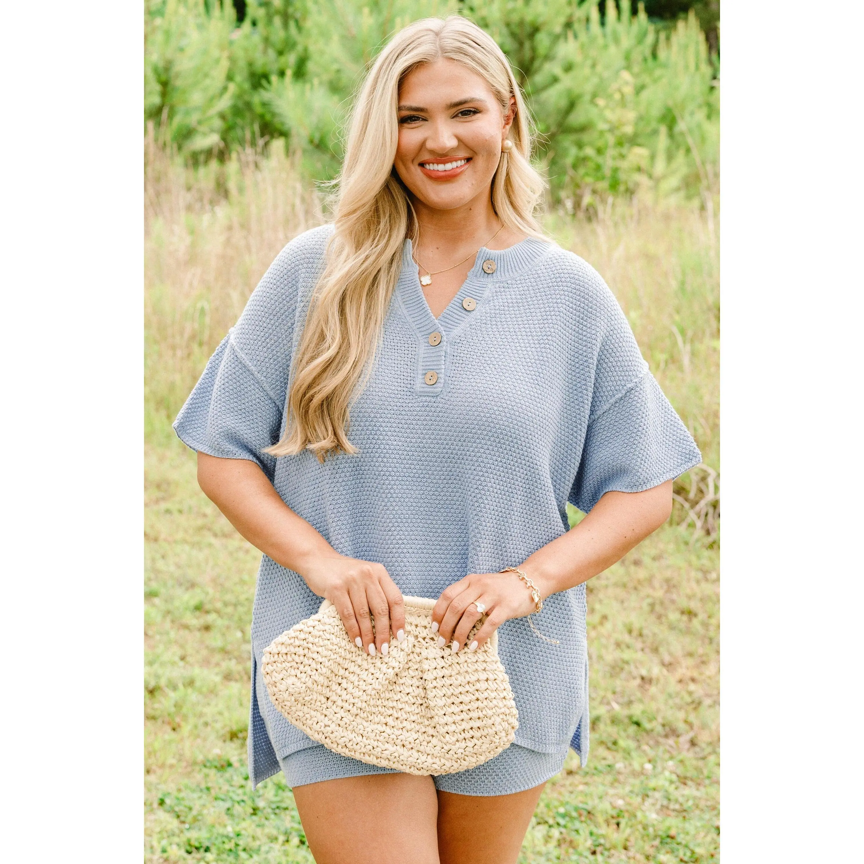 Chic Soul Women's 2-Piece Knit Casual Paradise Matching Set - Lightweight Soft Cotton Elastic Batwing Sweater, Elastic Waist Shorts, Powder Blue Women's Essential Clothes, Women's Matching Sets