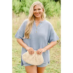 Chic Soul Women's 2-Piece Knit Casual Paradise Set - Lightweight Soft Cotton Elastic Batwing Sweater, Elastic Waist Shorts, Powder Blue, Women's Essential Clothing