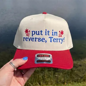 Put It In Reverse Terry! Embroidered Trucker Hat, Funny 4th of July Meme Mesh Back Cap, Patriotic Fireworks Retro Snapback Hat for Men and Women, Red White Summer Lake Day Adjustable Baseball Hat Independence Day Party Gift