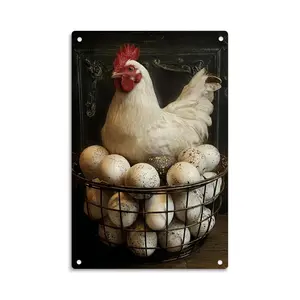 Farmhouse Hen And Eggs Vintage Poultry Metal Sign Print Aesthetic Room Decoration for Home Bedroom Kitchen Bar Dorm Bathroom Wall Decor 8 X 12 Inch
