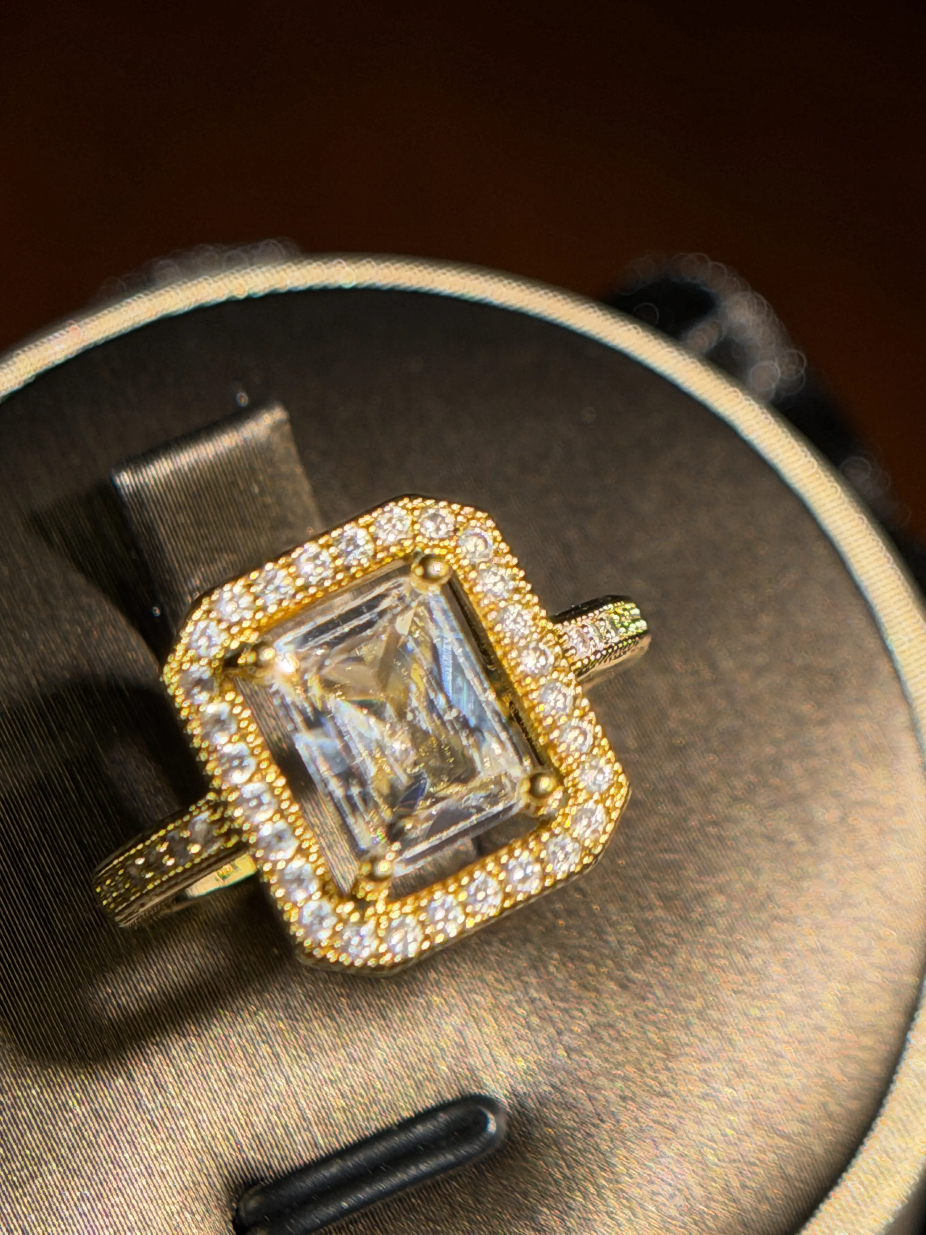 *REFINED SQUARE*    Item#00000015 European 14K Gold Plated Halo Four-Prong Setting Emerald-Cut Large White Cubic Zirconia Adjustable Fashion Ring (Center Stone 2.5 Carat, Ring Size 7 and Up)