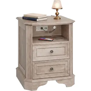 24" Tall Greige Oak Nightstand with Charging Station, Rustic Farmhouse Bedside Table with 2 Drawers and Open Shelf, Distressed Wood End Table with Outlets and USB Ports