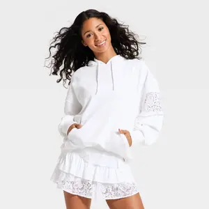 Women's Lace Trim French Terry Hooded Sweatshirt - JoyLab White XL