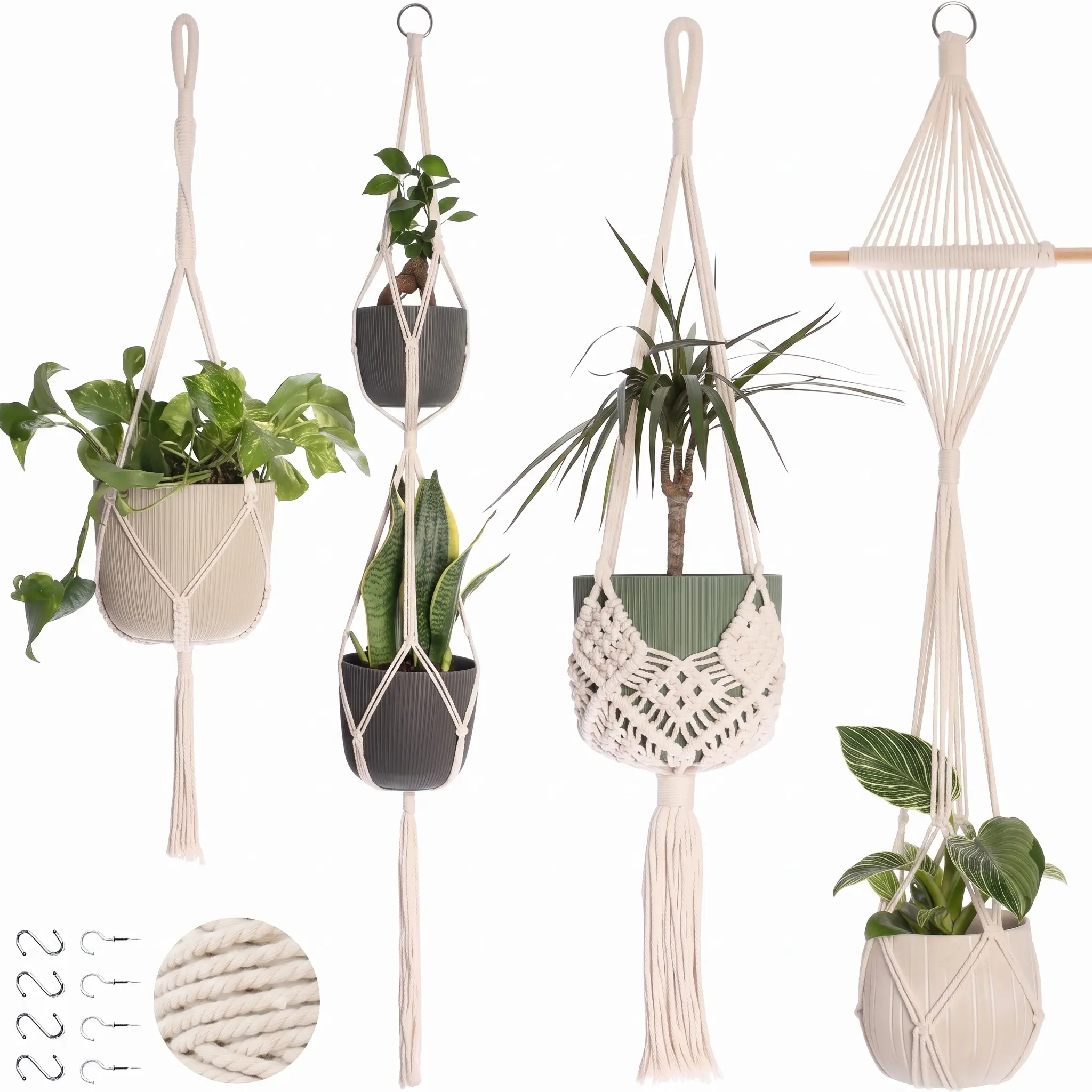 Macrame Plant Hangers for Home Decor - 4-Piece Set with 8 Hooks  Boho Macrame Hangers Indoor Outdoor, Decorative Plant Hanger Indoor (Cream)