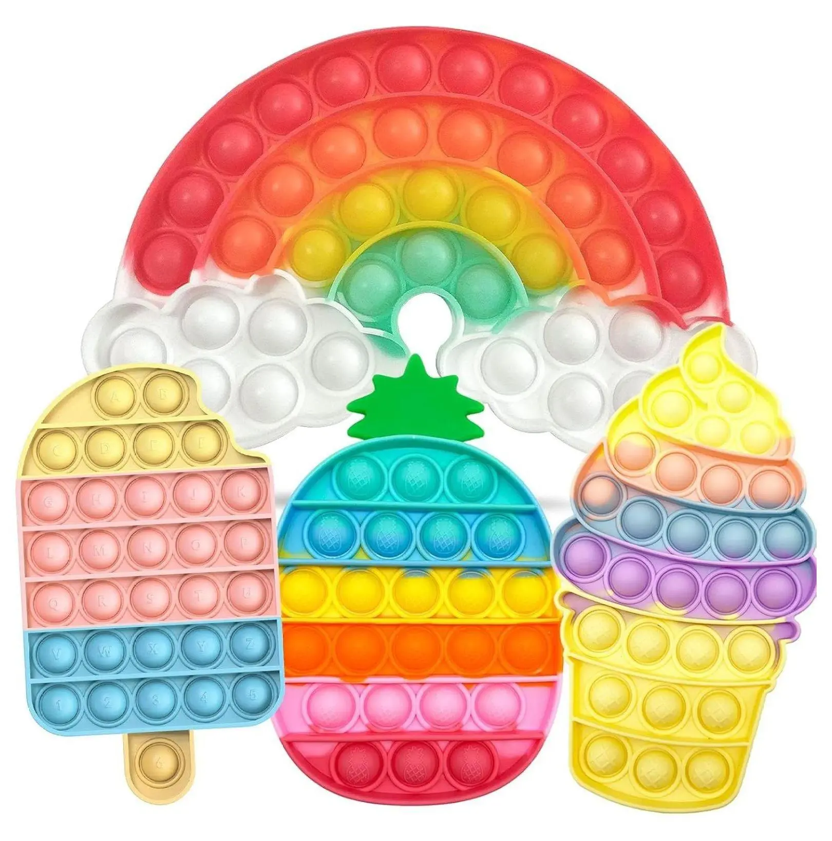 4-Pack Silicone Stress Relief Fidget Toys - Rainbow Push Pop Bubble, Pineapple Squeeze, Ice Cream Tactile Play Toys for 8–10 Yrs, Unisex ADHD Autism Support (IC+PA2+RC+LIC)
