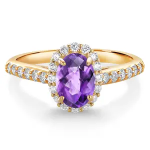 10K Yellow Gold Gemstone Birthstone and Lab Grown Diamond Halo Engagement Ring | Oval 7X5MM | Wedding Anniversary Promise Gold Ring For Women