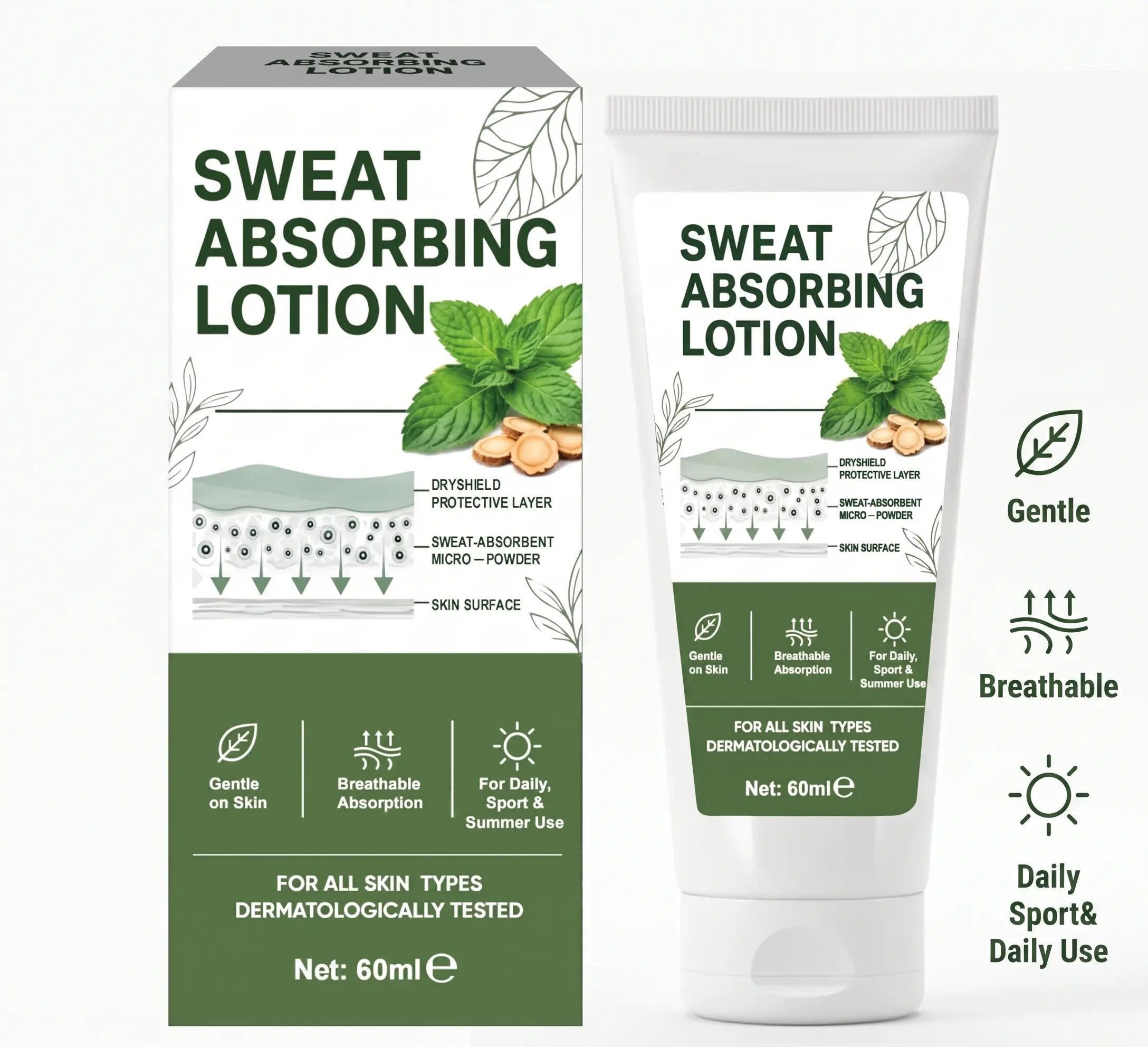 Sweat-Absorbing Moisturizing Body Lotion - Gentle Daily Lightweight Formula with Micro Powder, Thin Layer Dryshield Protection, 60ml Regular Edition Armpit Treatment for Adults