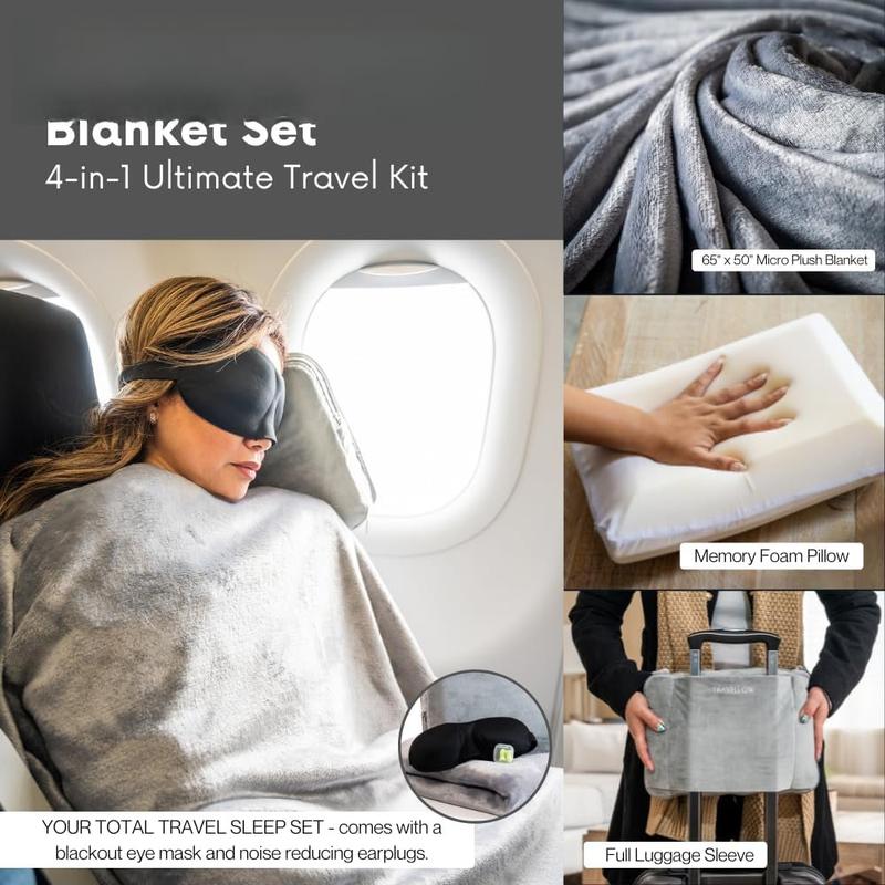 Travel Pillow and Blanket Set - 4-in-1 Ultimate Travel Kit with Memory  Pillow, Travel Blanket, Sleep Mask, and Earplugs-Ultimate Comfort and Coziness for Your Journeys - Grey