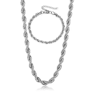Hermah 5mm Width Bracelet Necklace Jewelry Set For Men Stainless Steel Rope Chain 7+2inch Extender 20inch Punk Hiphop Jewelry
