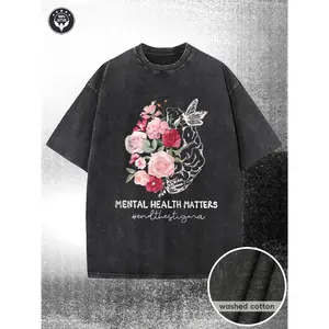 Women's 230g Washed Cotton T-shirt - Mental Health Awareness Print, High-quality Wax-Printed Fabric, Streetwear Vintage Style, Relaxed Fit, Cargo-Inspired Design, Machine Washable, Thickened for Summer, Outdoor Activities, Holiday Gifts, Shortsleeve