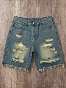 Men's Denim Shorts Baggy Five-Piece Summer Pants, Non-Elastic Straight Leg Jeans, Cotton Ripped Streetwear, Breathable Daily Commute
