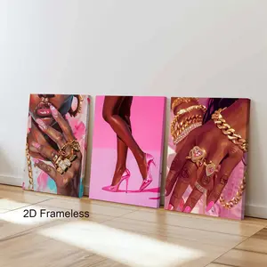 3-Piece Set, Black Girl Wall Art Set, Pink Fashionable Black Women Canvas Wall Decor, African American Women Artwork, Home Decor Posters, Suitable for Living Rooms, Bedrooms, Bathrooms, Offices, Frameless