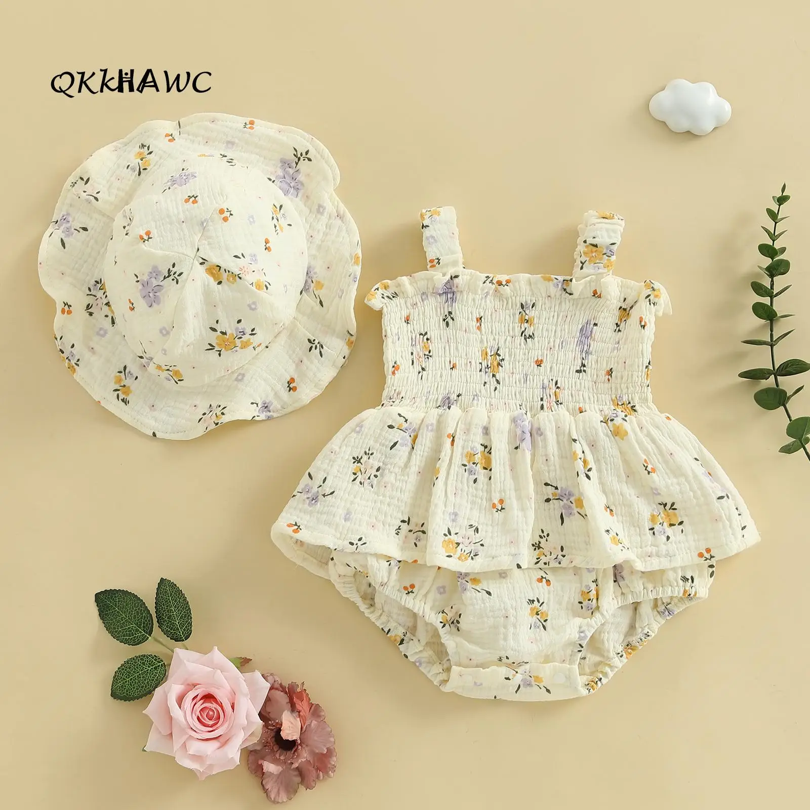 Baby Girl Floral Romper Dress Smocked Sleeveless Ruffle Bodysuit with Sun Hat 2 Pcs Summer Outfit