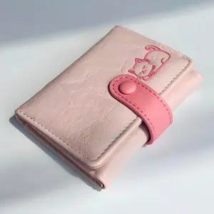 Cute Pink Cat Print Wallet ID Card Holder Soft PU Leather Pocket-Sized Design for Girls Mother's Day Gift