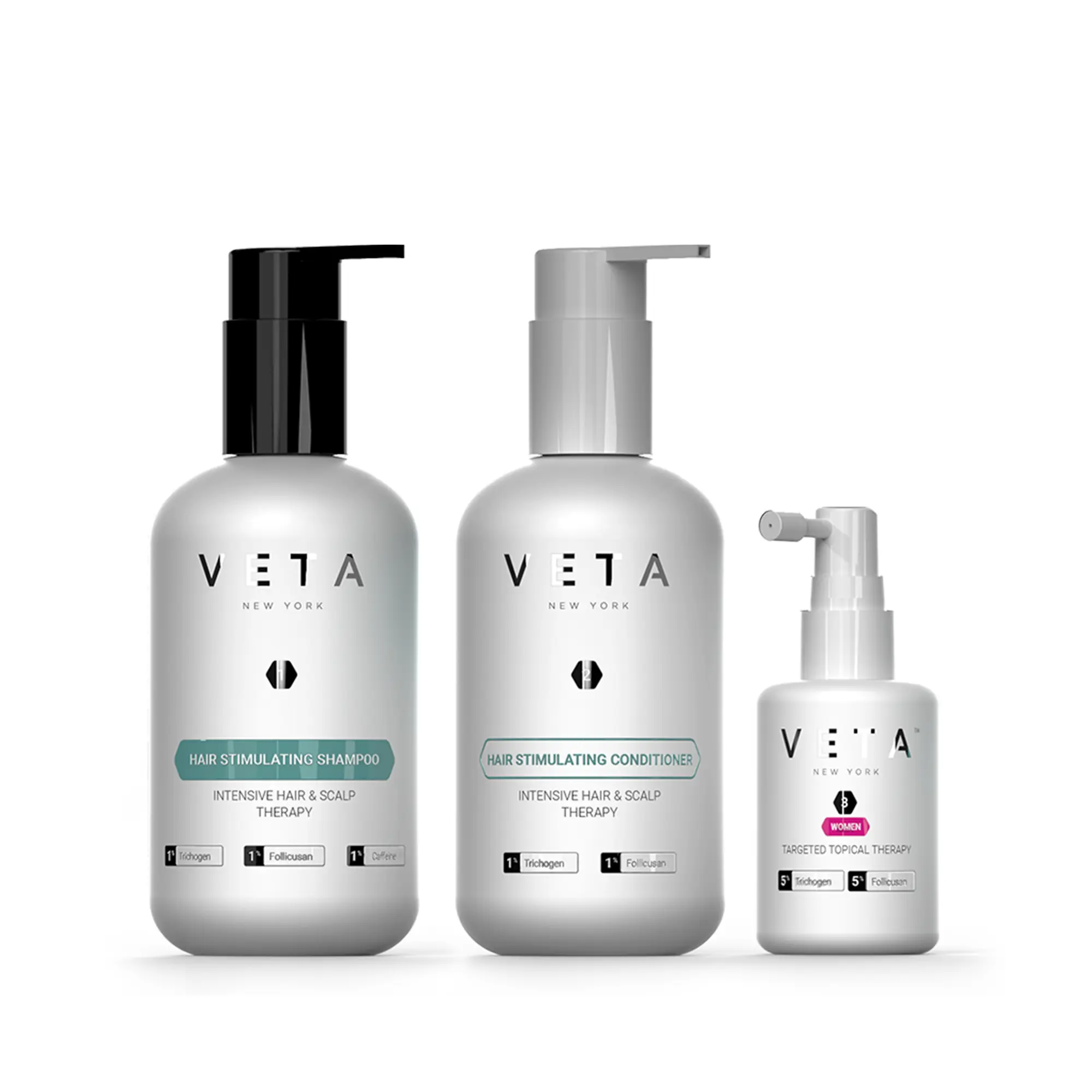 Veta Women's 3-Step Hair Stimulating Kit. Shampoo, Conditioner, and Scalp Therapy Set for Fuller, healthier hair. Trichogen, Follicusan, Pronalen, Argan, Lavender, Neem, Castor, and Jojoba Oil. Haircare, Hypoallergenic, Nourishing