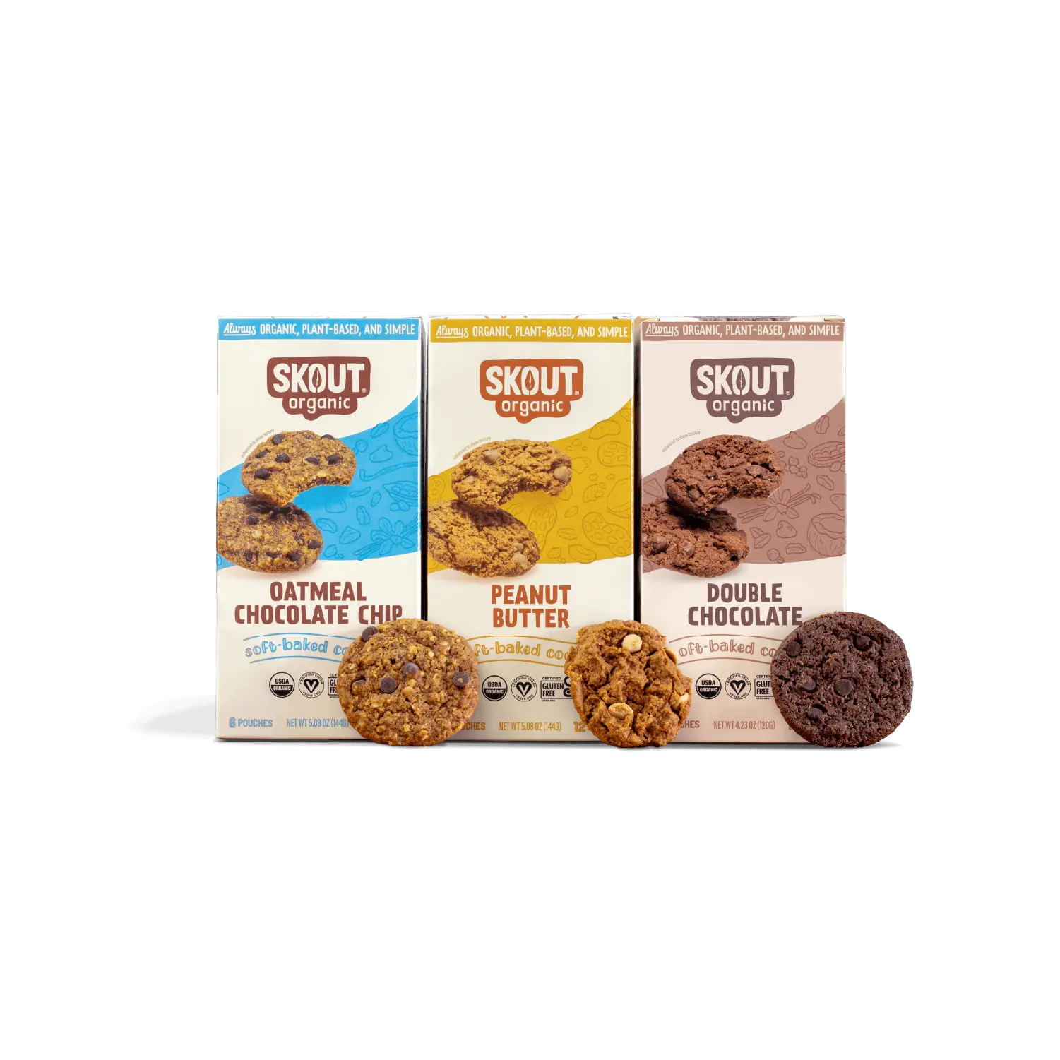 Skout Organic Soft Baked Cookie Variety Pack - Oatmeal Chocolate Chip Peanut Butter & Double Chocolate - Plant-Based & Simple Snacks - US Made