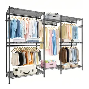 Heavy Duty Garment Rack, Freestanding Closet Organizer, Portable Wardrobe Clothes Rack, Adjustable Wire Shelving Clothes Rack with 8 Adjustable Wire Shelves and 5 Clothes Rails, Black (Without Hook)