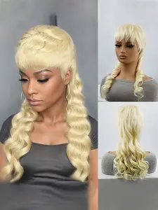 613 Blonde No-Glue Pixie Style Wavy Synthetic Hair Layered Mullet Wig with Bangs, 70s 80s Heavy Metal Rocker Costume Cosplay Wig for Halloween