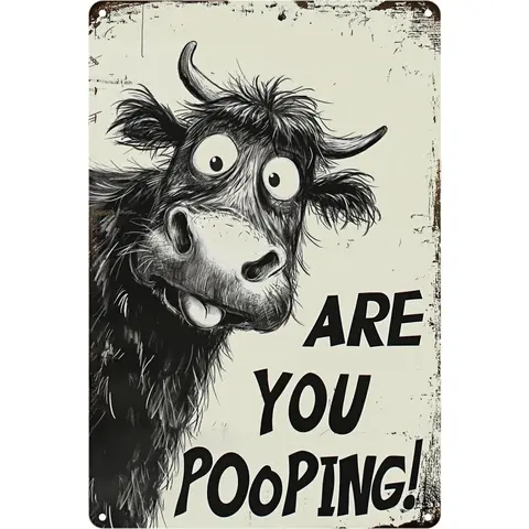 1 pc Vintage Highland Cow Bathroom Decor Sign – Black & White Funny “Are You Pooping?” Aluminum Wall Plaque, 8 x 12 Inch home living room man prayer
