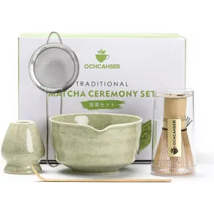 Japanese Matcha Tea Set Includes Matcha Bowl with Spout, Matcha Whisk Holder, Bamboo Matcha Whisk and Bamboo Scoop, 17 oz Mottled Green Glaze Ceramic Matcha Kit for Tea Lovers