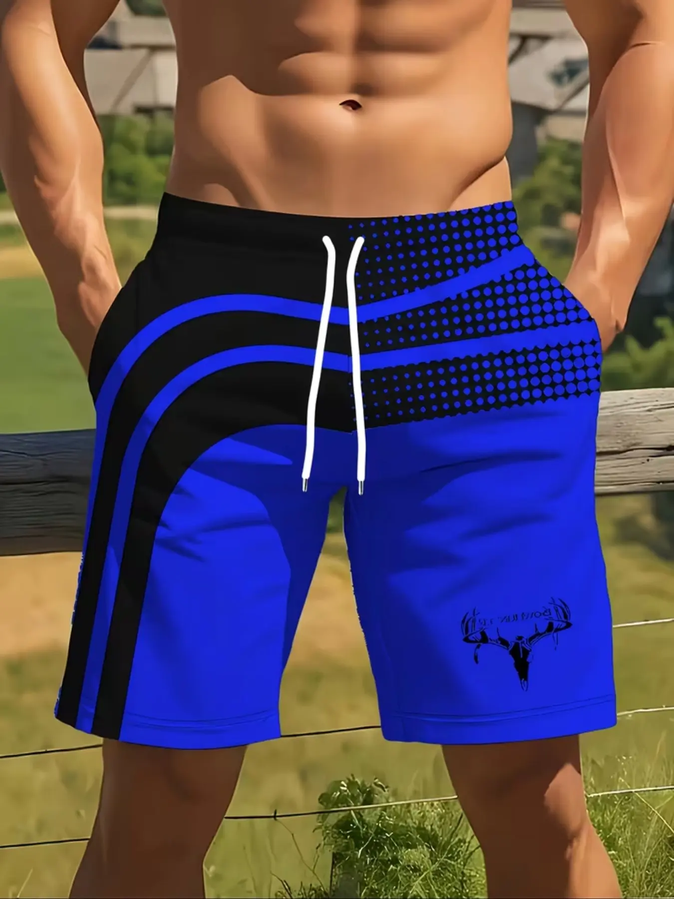 Men's 3D Print Striped Geometric Summer Beach Pants, Adjustable Drawstring Waist, Casual Fitted Shorts for Beach & Summer Outings, Swimming Trunks, Swimwear Shorts, Swimsuit Shorts