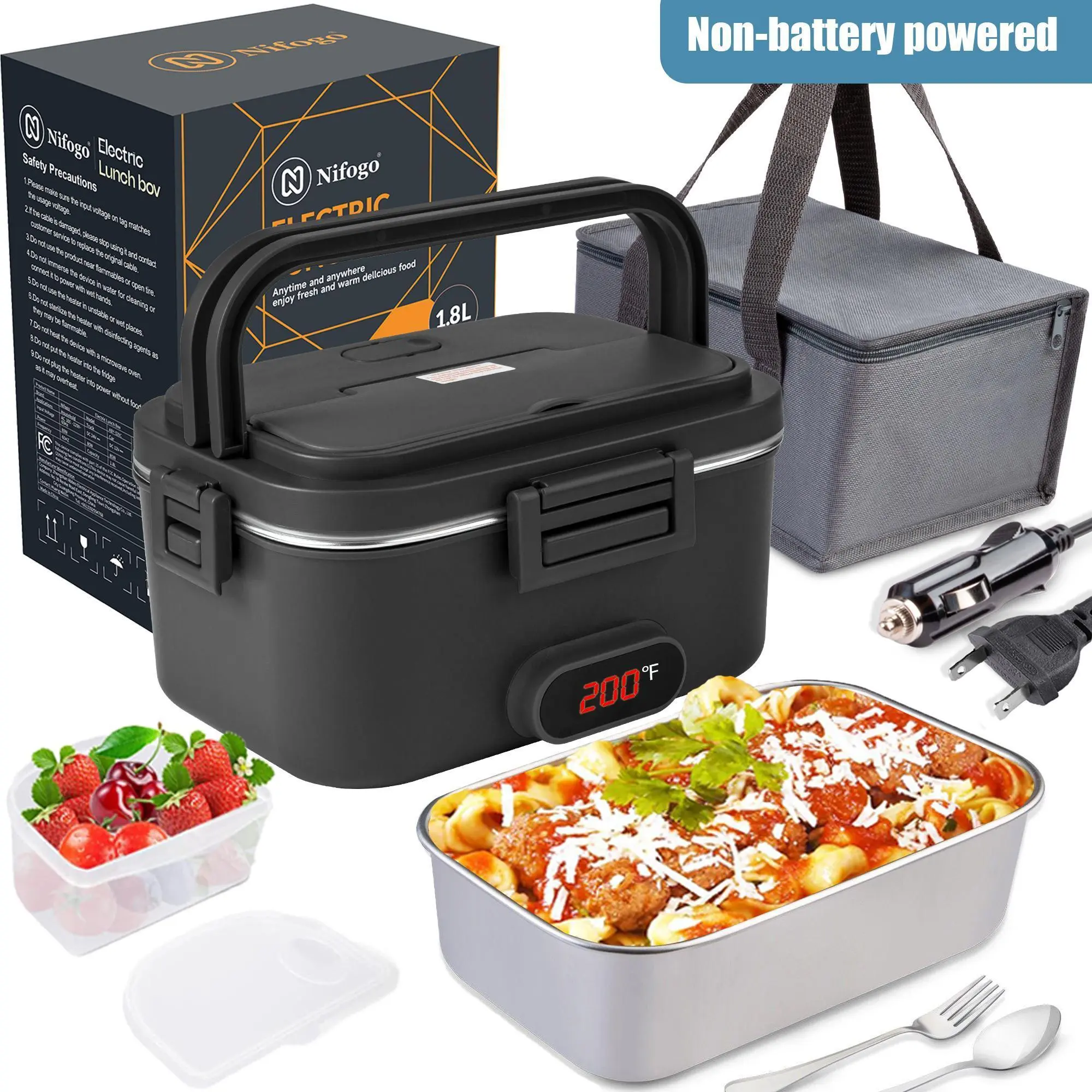 Nifogo Thermal Electric Lunch Box - 1.8L 2-Layer Leakproof Insulated, 304 Stainless Steel, 110V-12V-24V Multi-Voltage Fast-Heating, Portable with Fork, Spoon & Insulated Storage Bag, Leakproof Insulated Lunchbox
