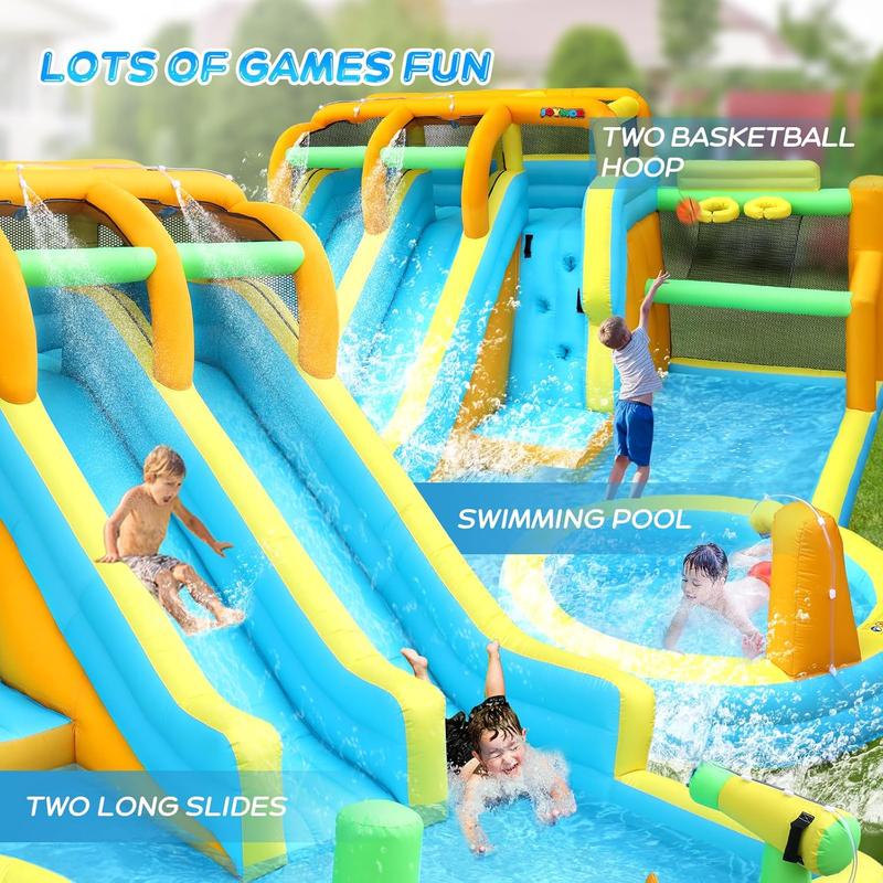 JOYMOR 11-in-1 Inflatable Water Slide for Kids Backyard w/ 2 Waterslide, 2 Basketball Hoop, Pool, Climbing Wall, Water Blasters, 1min Blow Up Water Slides Park w/ 750w Blower, Storage Bag