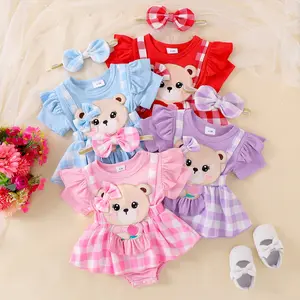 Baby Girl Plaid Romper Dress Bear Patch Fake Two-Piece Ruffle Short Sleeve Bodysuit with Bow Headband 2 Pcs Summer Outfit