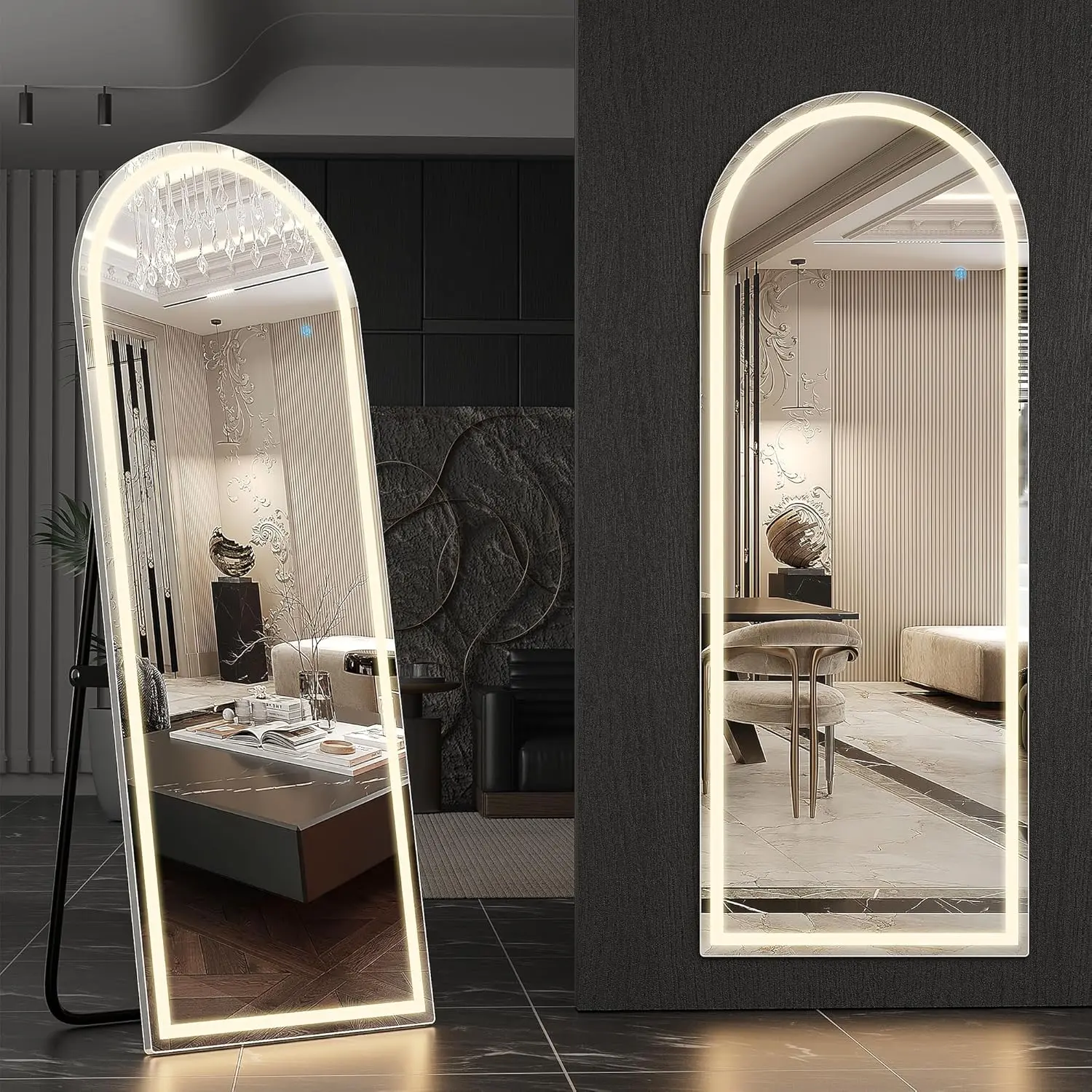 Dimmable Lighted LED Lit Arc-Edge Full Length Standing Floor Mirror with Aluminum Stand, 50,000+ Hours Lifespan, 60-71in, 3-Color Dimmable, Arched/Rectangle Shape, Float Design, Smart Touch, White Home Decor for Bathroom, Bedroom