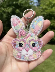 Floral Patchwork Bunny Keychain, Cute Pastel Rabbit with Heart Glasses Acrylic Keyring Gift, Cute Floral Bunny Keychain, easter bunny, Spring Gift Idea