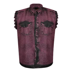 Mens Biker Cuttoff Cotton Shirt Stonewash Burgundy