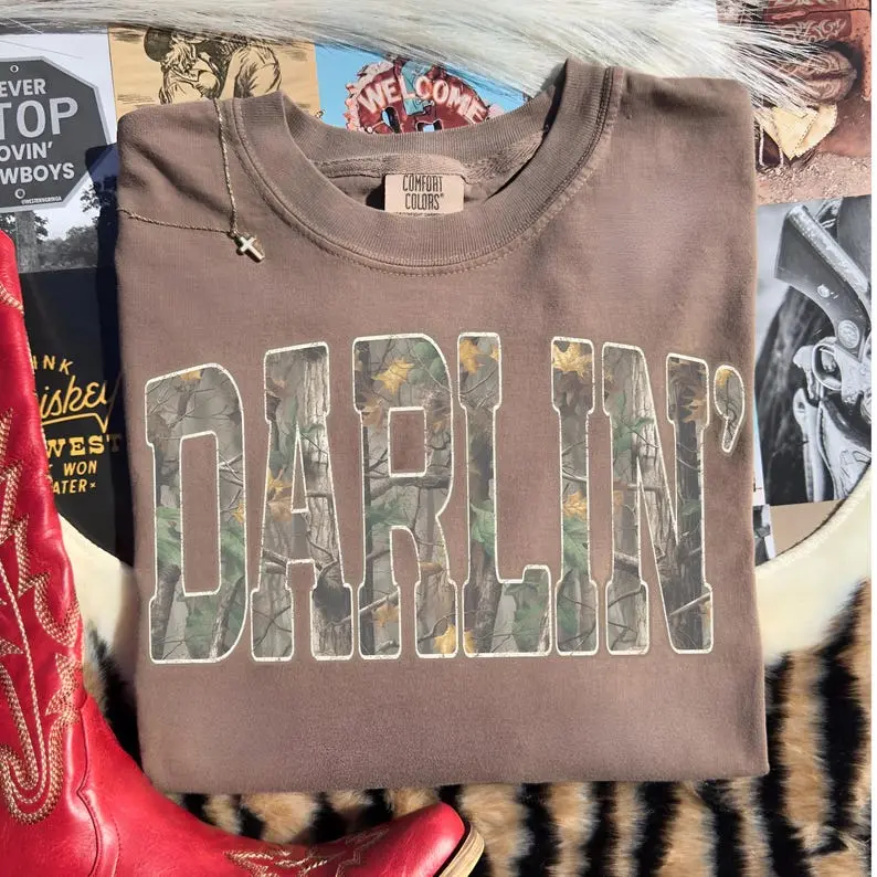 [Sale off up to 50%] Retro Camo Western, Darlin Retro Camo Country Distressed Cowboy Quote, Camouflage Design Tee, Western Concert, Southern Comfort Colors