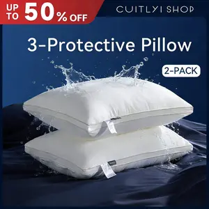 Waterproof Hotel Bed Pillow for Sleeping, Triple Protection Pillow (Waterproof, Stain Resistant & Dustproof), Soft Breathable Neck Support Pillow for Side, Back & Stomach Sleepers, 29x19 White