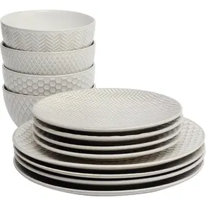 Oyster Tide Embossed 12 Piece (Service for 4) and Reactive Glaze Round Dishes Stoneware Dinnerware Set, White