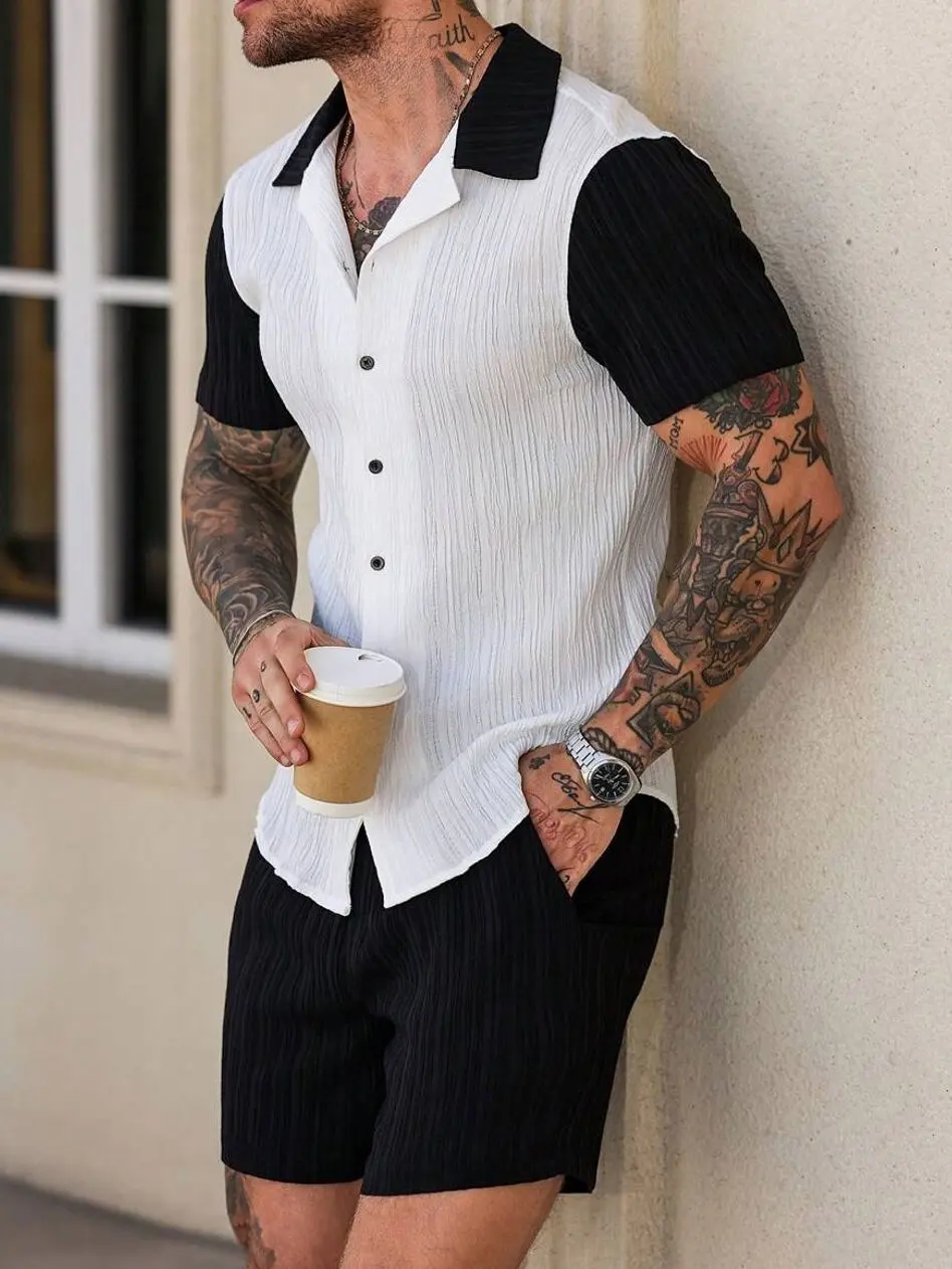 Men's Patchwork Contrast Matching Set, Stylish Shirt and Shorts Summer Vacation Outfit