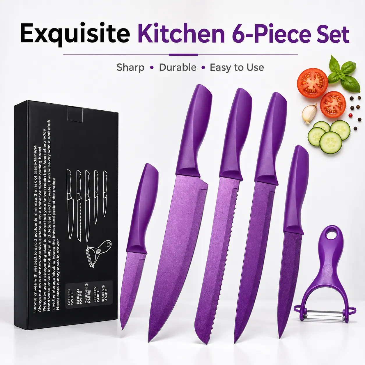 6-Piece Non-Stick Kitchen Knife Set with Peeler, Colorful Purple Knives with Plastic Handles