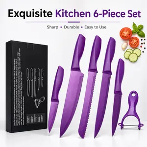 6-Piece Non-Stick Kitchen Knife Set with Peeler, Colorful Purple Knives with Plastic Handles