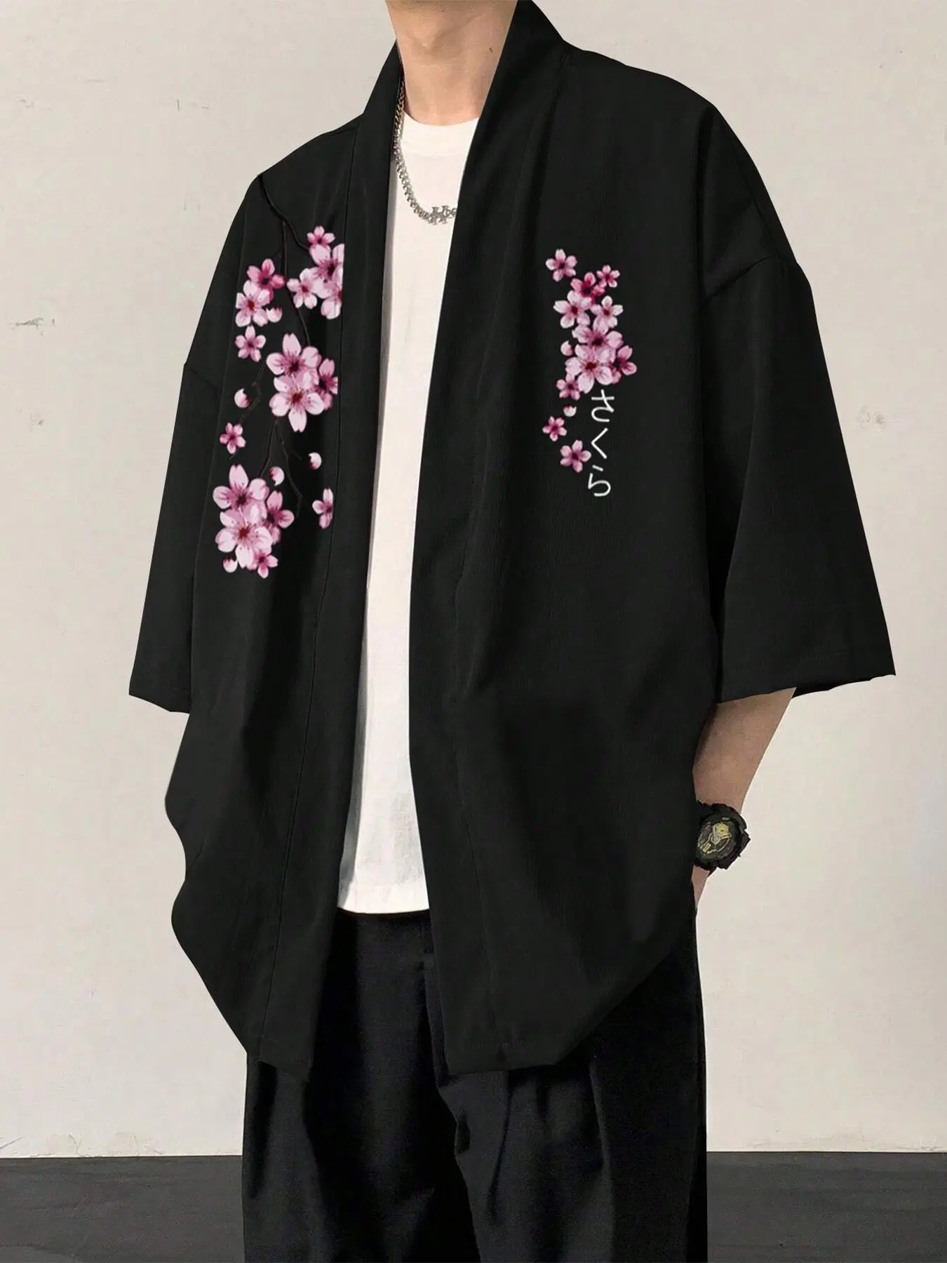 Men's Cherry Blossom Print Open Front Kimono, Casual Comfy Breathable 3/4 Sleeve Top for Summer, Fashion Men's Clothes for Daily Wear, Gamis