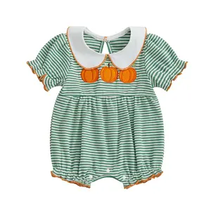 Infant Toddler Baby Girl Halloween Romper Pumpkin Embroidery Striped Doll Collar Short Sleeve Jumpsuit Fall Clothes